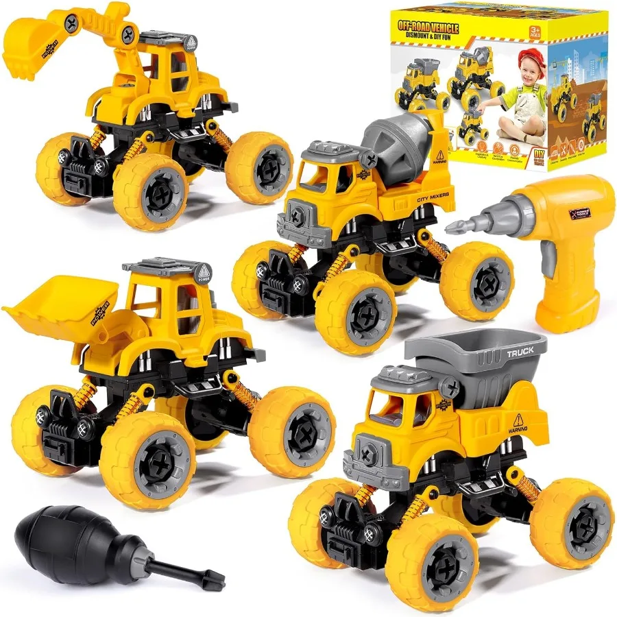 Jouets à démonter pour garçons de 4 ans, 4 pièces, jouets de Construction avec perceuse électrique, assemblage de bricolage, jouets à tige de Construction, camions cadeaux pour