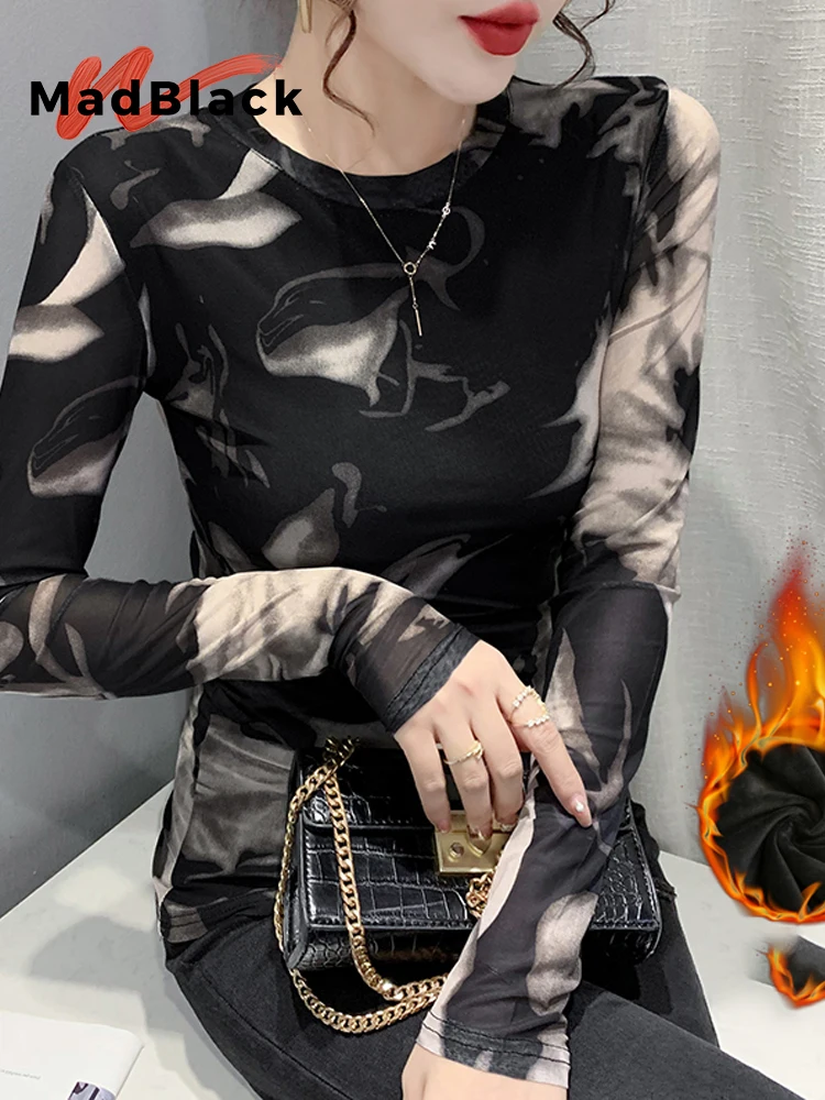 MadBlack-Women's European Fleece T-Shirt, Sexy O Neck Geometry Print, Clubwear Long Sleeve Slim S-3XL Tee, 2025 Autumn T5N204CC