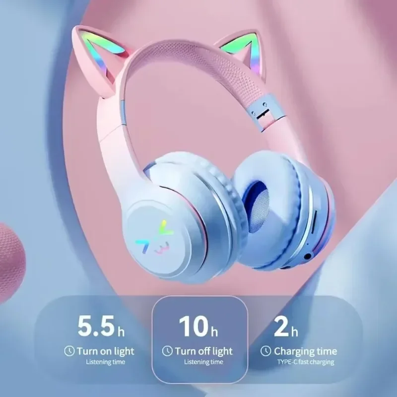 TWS Wireless Headphones RGB Cute Cat Girls Kids Headset with Microphone Stereo Music Gaming Headsets Control lights Earphone P9