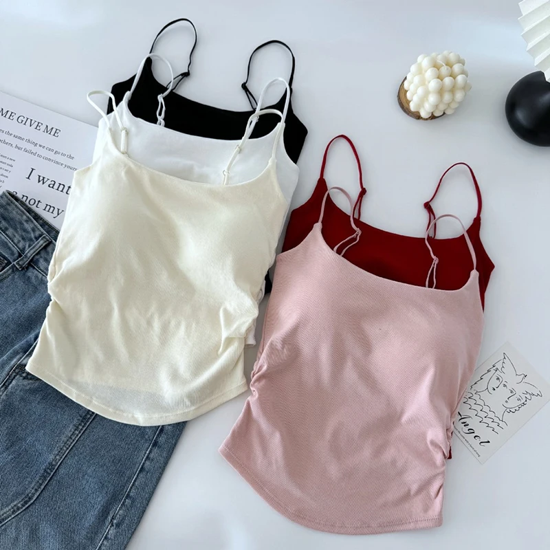 Summer Dopamine Color Sexy Camisole For Women With Pleated Waist And All-in-one Beautiful Back With Breast Pads For Women