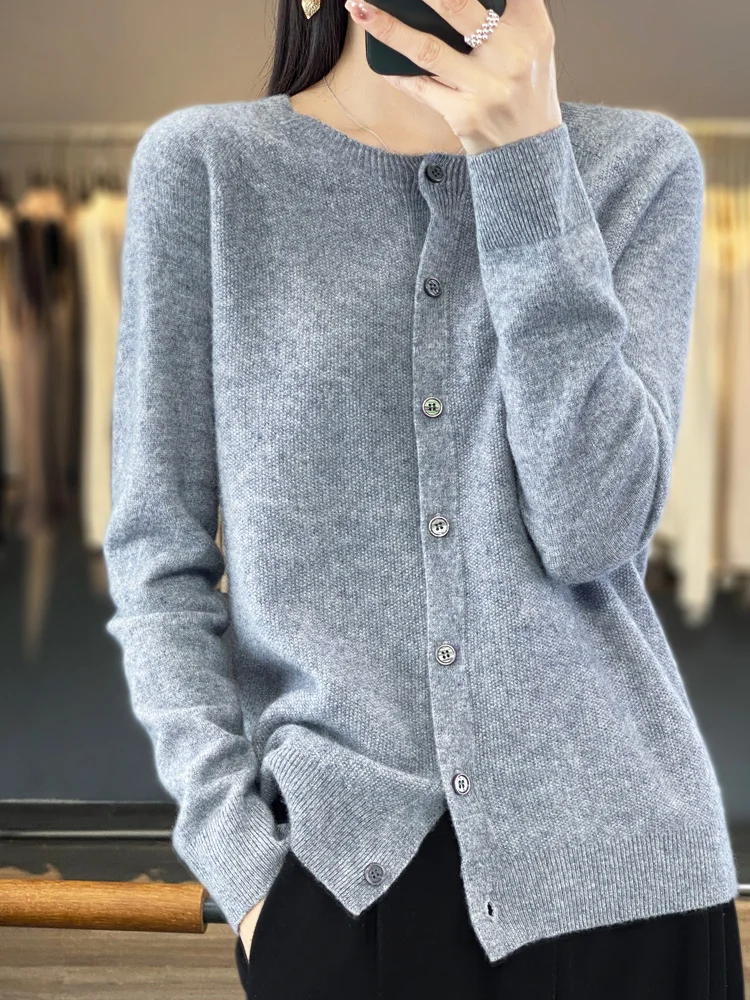 Maglioni lavorati a maglia da donna in Cashmere a maniche lunghe 100% pura lana Merino primavera autunno o-collo Top Cardigan senza connessione una