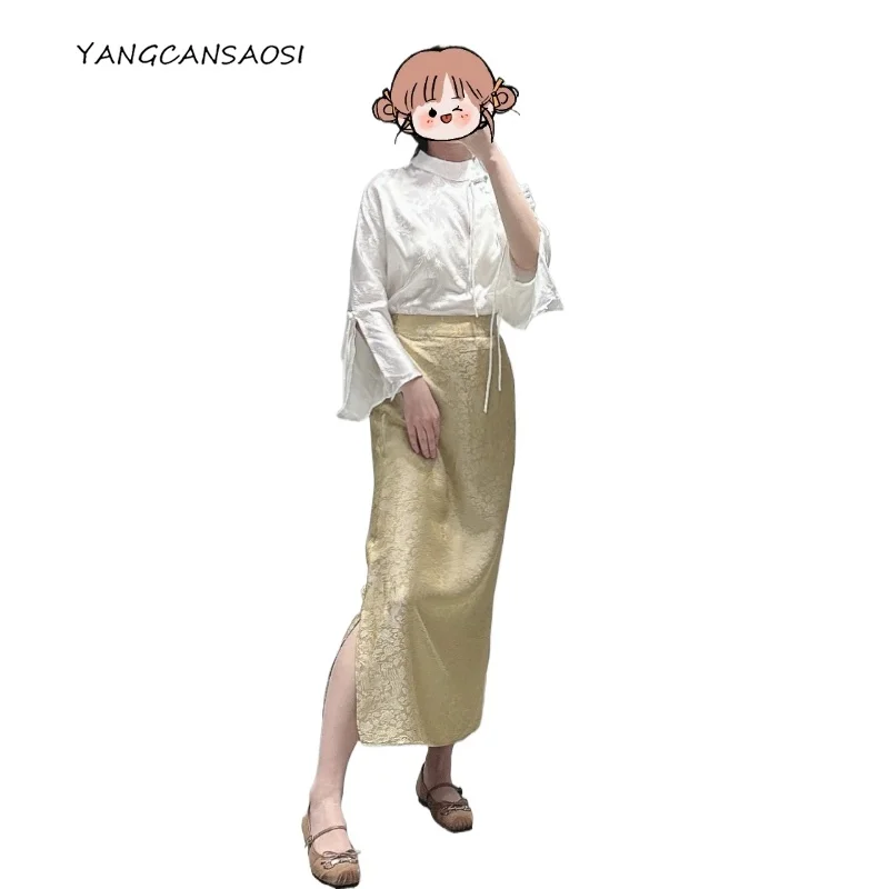 

2025 Women's Fashion Autumn New Woven Gold 50% Natural Mulberry Silk Jacquard Satin Elastic Waist Hip Hugging Skirt