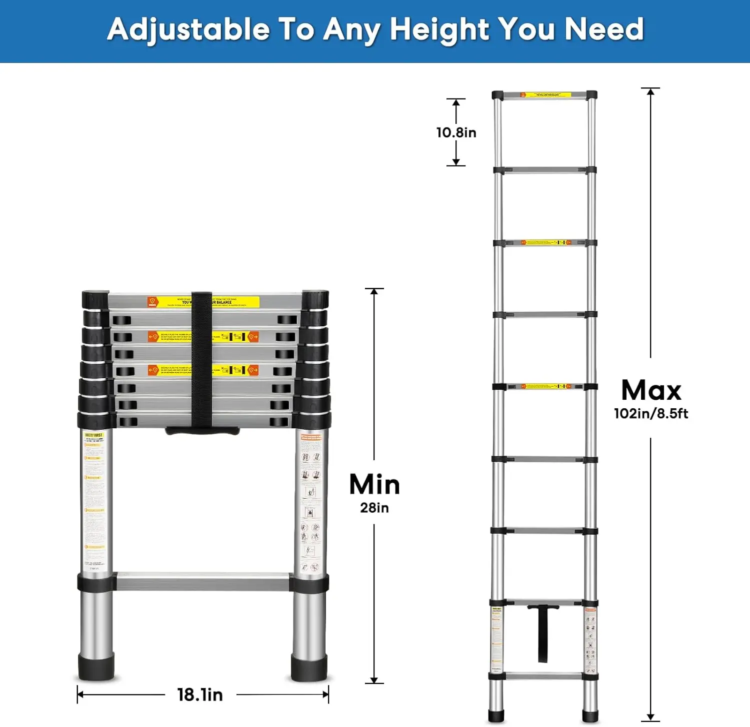 Telescopische ladder, 8,5 FT aluminium telescopische verlengladder, multifunctioneel ontwerp, antislipvoeten, perfect voor huishoudelijk gebruik, uit