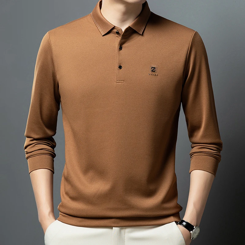 High end brand ice silk long sleeved polo shirt men\'s spring autumn new business casual fashion letter printed lapel T-shirt