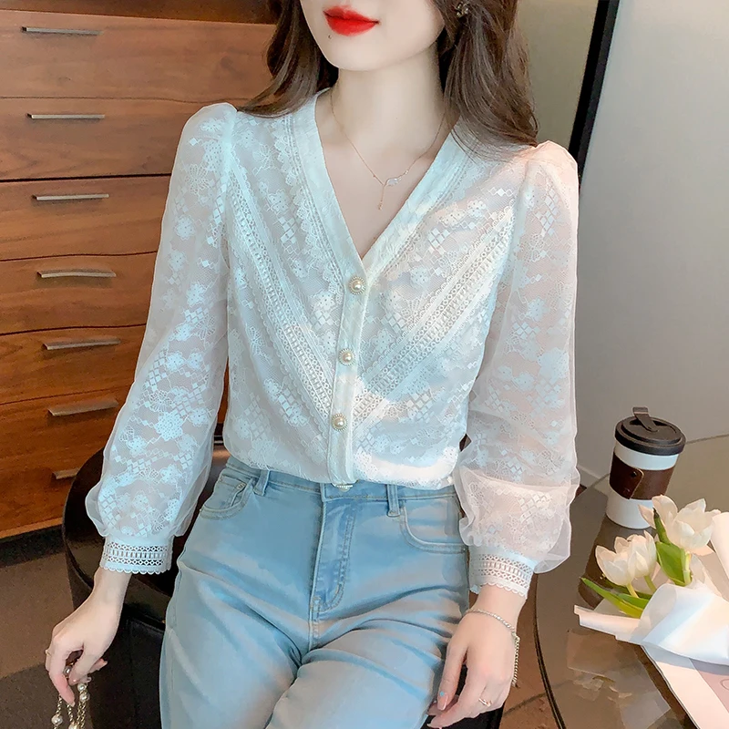 Long Sleeve White Blouse Shirt Women Tops Blusas Mujer De Moda 2024V-Neck Lace Blouse Women Shirts Blouses Blusa Camisas G383