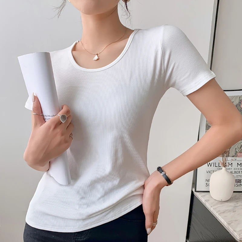 Sexy T Shirt For Women Summer Skinny Tee Shirt Femme Solid Short Sleeve Top Korean Style Slim Screw Thread Tshirt Woman Clothes