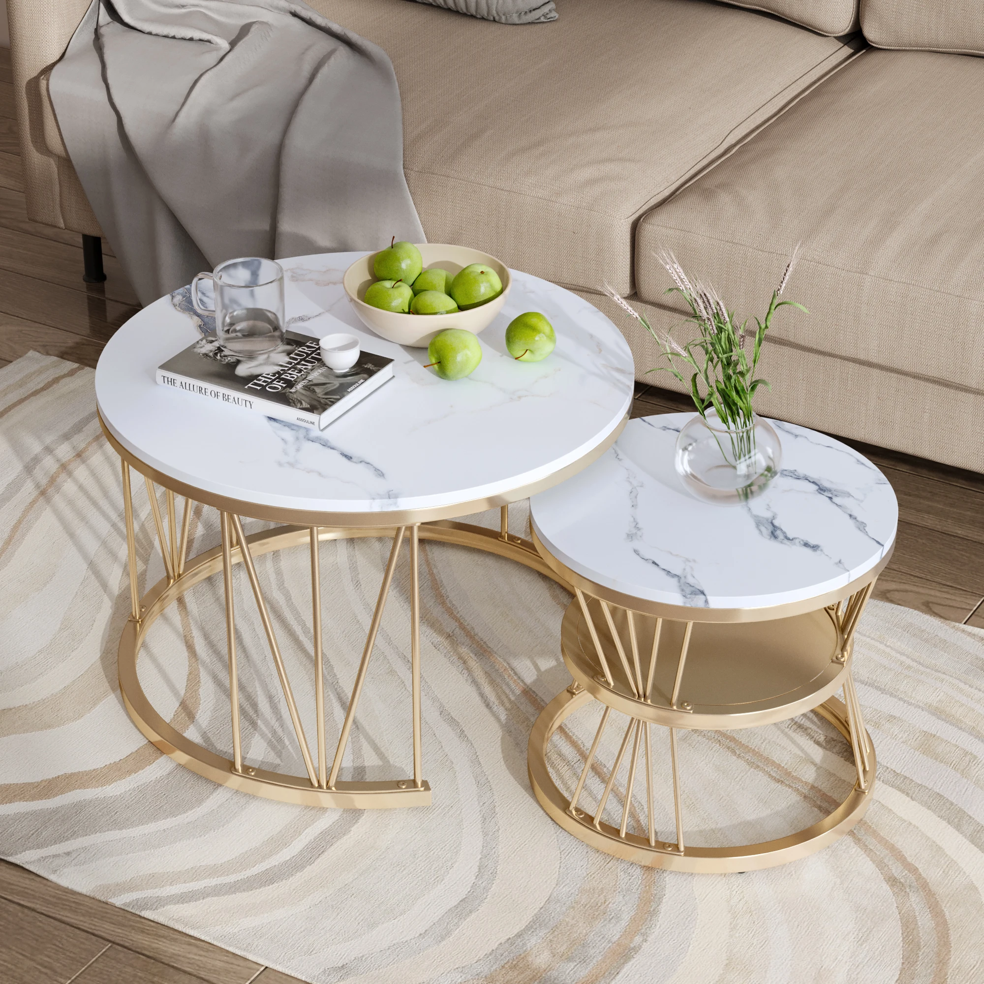 Round Coffee Tables Set of 2,Side Table Set with High Gloss Marble Pattern and Metal Frame, Coffee Table for Living Room