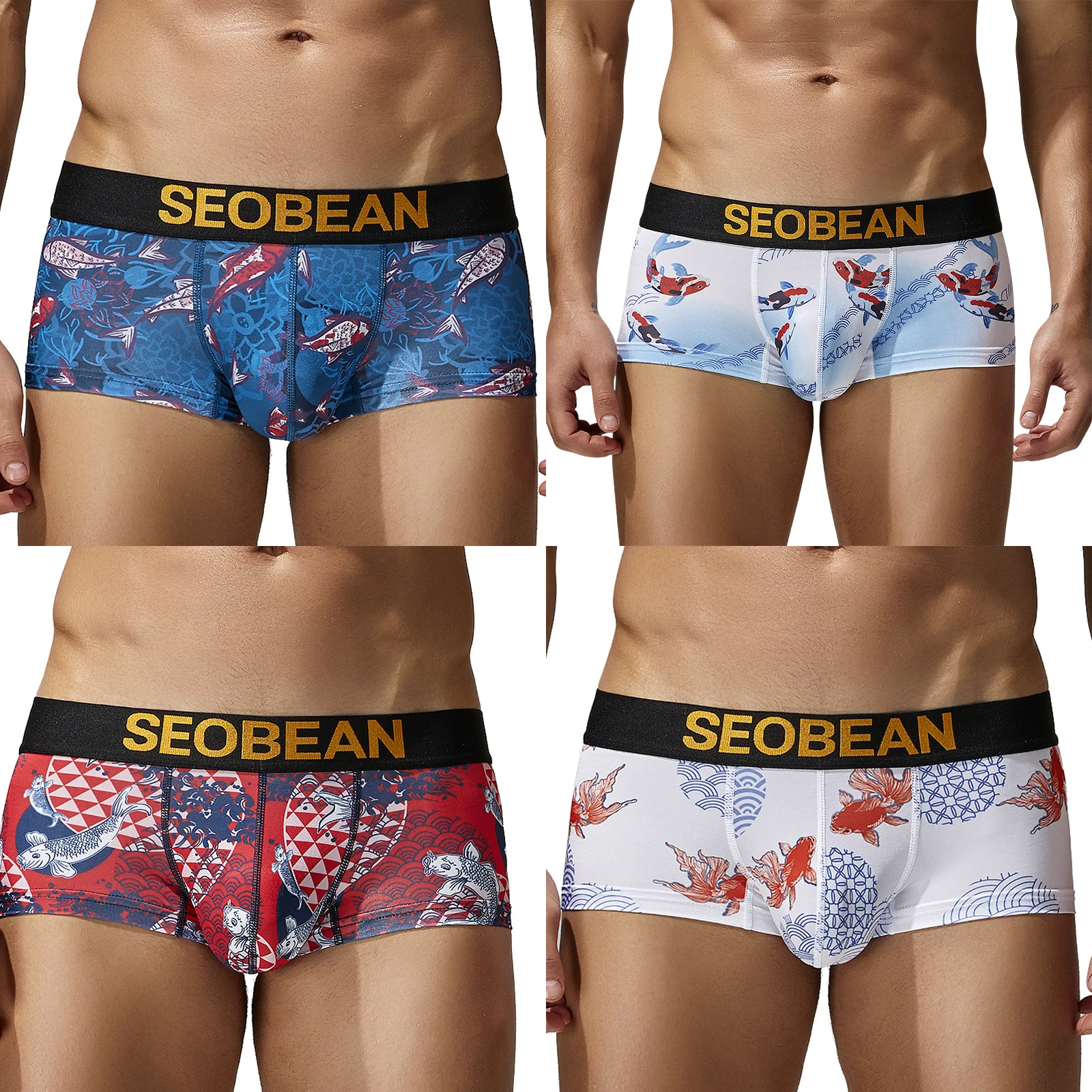 4-Pack SEONBEAN Men's Low-Waist U-Shaped Print Boxer Shorts Comfortable Cooling Fashionable Underwear Flat Angle Pants