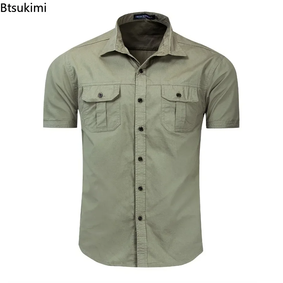 Novo 2025 camisa militar masculina de manga curta verão 100% algodão estilo safari esporte ao ar livre camisas de carga camisa de trabalho masculina simples topos