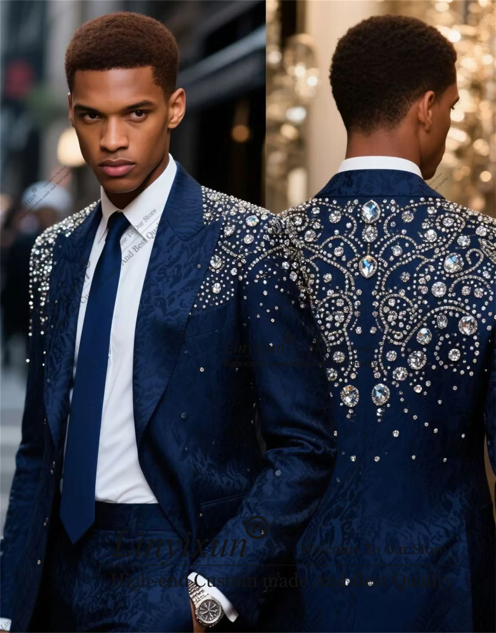 

Handsome Diamond Design Men Suits 2 Pieces Sets Slim Fashion Party Prom Blazer Customized Costume Homme Jacquard Groom Tuxedos