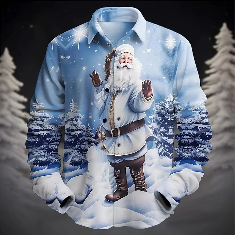 Camicia da uomo con stampa di Babbo Natale 3D per feste natalizie, tema natalizio, manica lunga, abbigliamento da strada ​