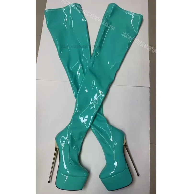 

Blue Patent Leather Platform Boots Metal Heels Round Toe British Style Dress Women Spring Over Knee Boots Zapatos Para Mujere