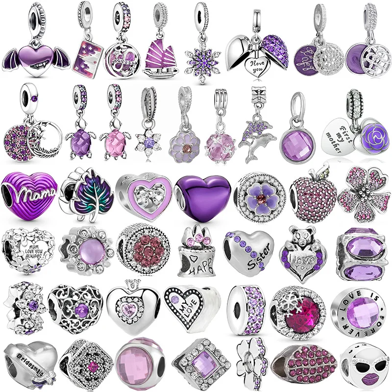 925 Silver Plated Purple Love Heart Feather Diamonds Charms Beads For Pandora Bracelets Necklace DIY Jewelry Accessories Gifts