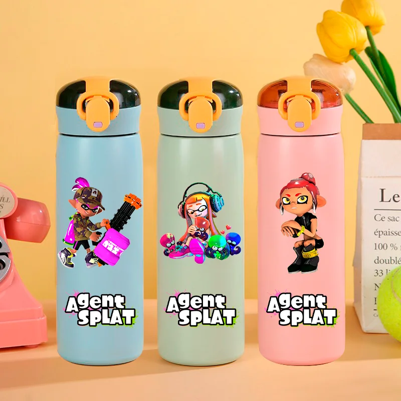 460ML Splatoon Cartoon Stainless Steel Water Bottle Portable Straw Drinking Bottle Student Outdoor Sports Insulated Water Cup