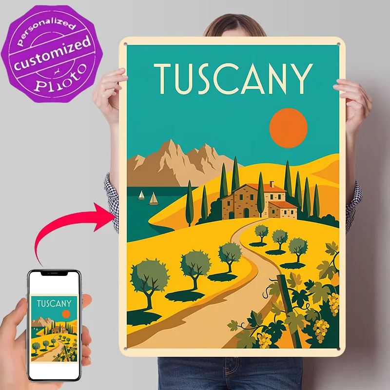 Tuscany Travel Personalized 3D Textured Metal Poster Wall Art Vintage Tin Signs for Luxury Decoration Home Decor Ornaments Room