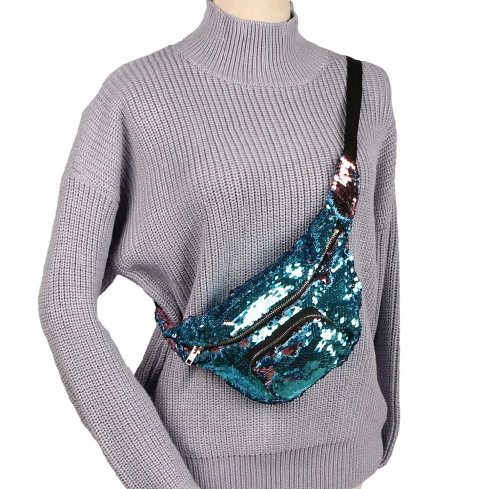 Image 4: Sac de taille à paillettes pour femmes, sac banane multifonctionnel réglable avec fermeture éclair lisse, grande capacité, bleu lac rose