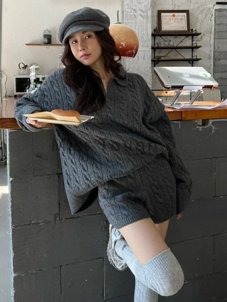 Autumn Knit Sweater Loose Casual 2 Piece Sets Woman Polo Neck Design Pullover + Soild Chic Short Pant Female Korea Style Clothes