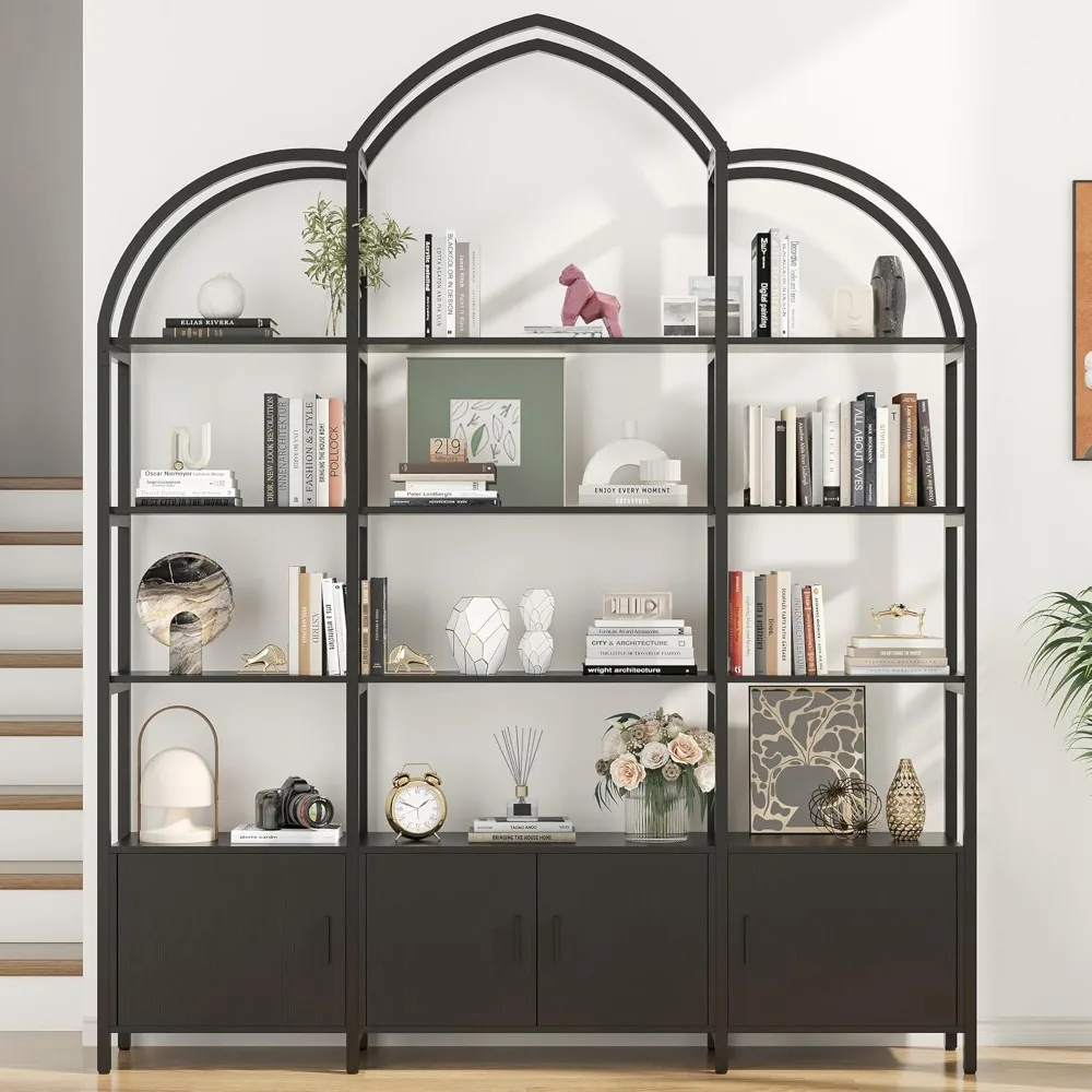 Arched 3 - Wide 5 - Tier Standing Storage Display Industrial Open Bookshelf with 3 Cabinets