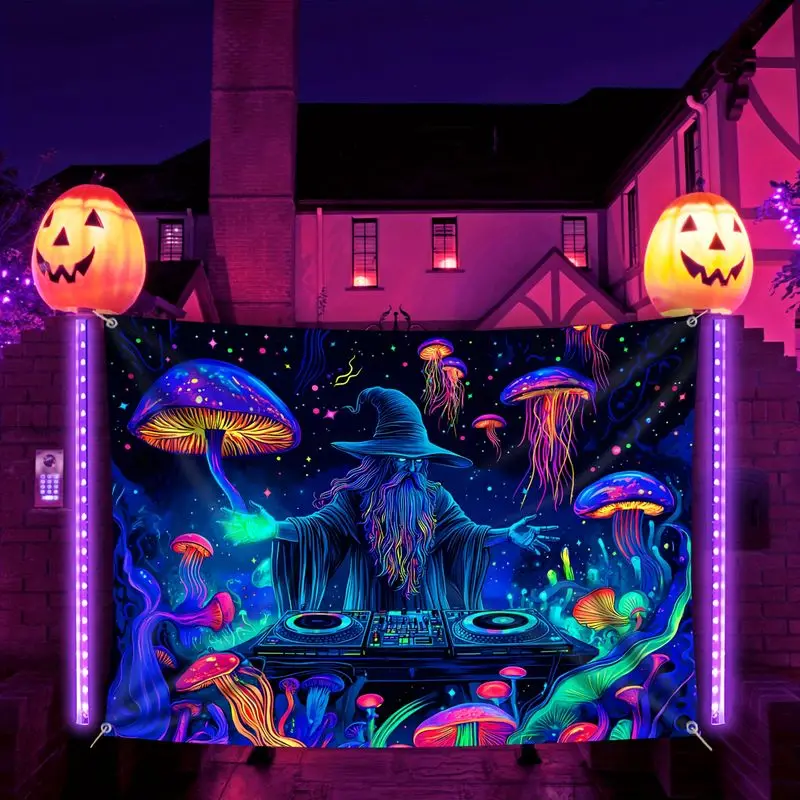 VIKAMA DJ Wizard Rainbow Mushroom Jellyfish psychedelic Tapestry Background Hanging Cloth Electronic Music Party Room Decor