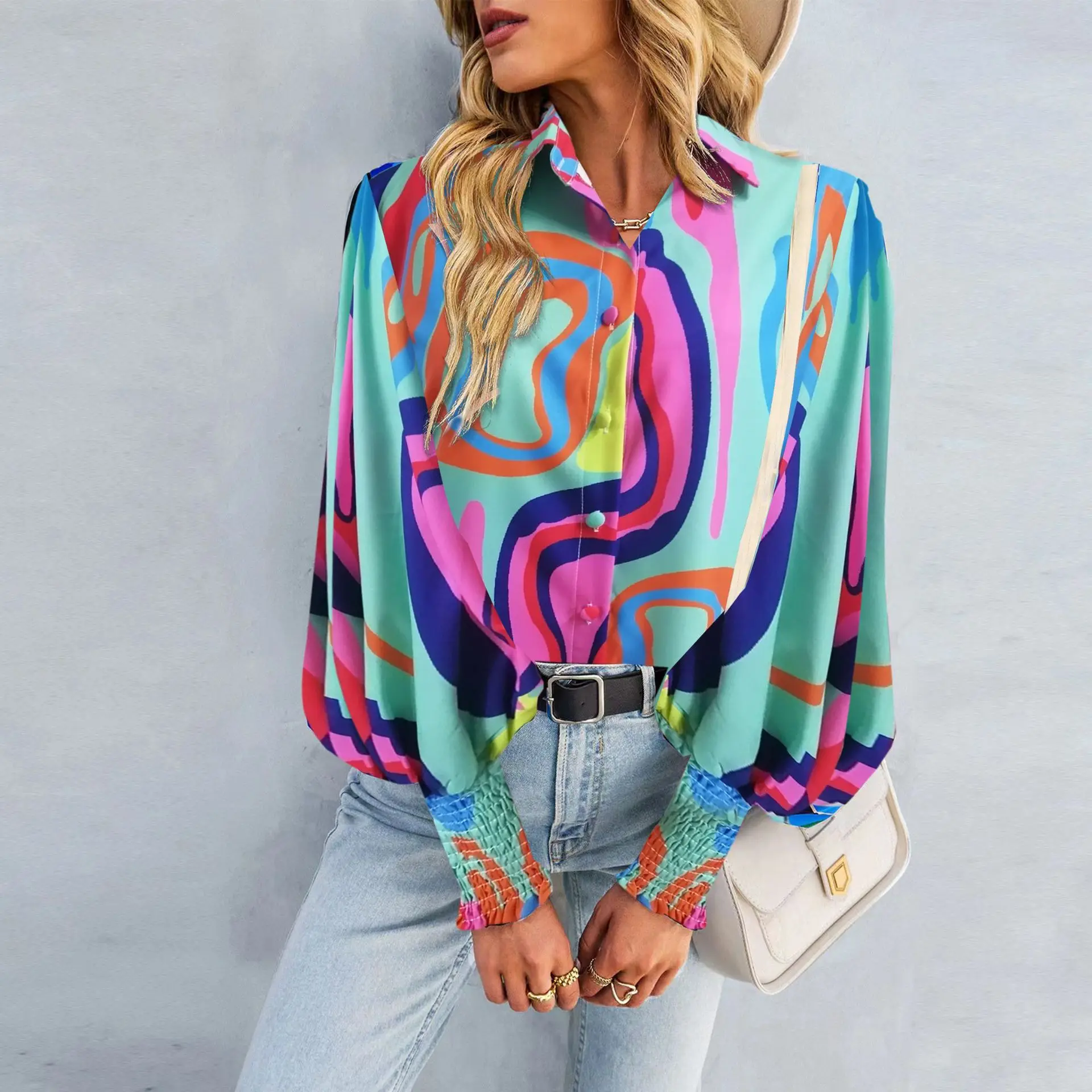 

New Women Lapel Collar Lantern Sleeve Printing Cardigan Shirt Tops Ladies Fashion Trend Summer Casual Blouse Clothing