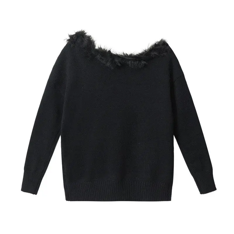 HeyHenry American Retro Spicy Girl Maglione monospalla Donna Autunno Colletto obliquo Stampa in pelliccia Maglia irt Vestibilità ampia Mediu...