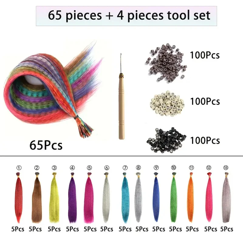 Women's Colorful Synthetic Feather Extensions 16 Inch Long Hair Tool Set 13 Available Colors 65 Pcs Set for Creative Styling