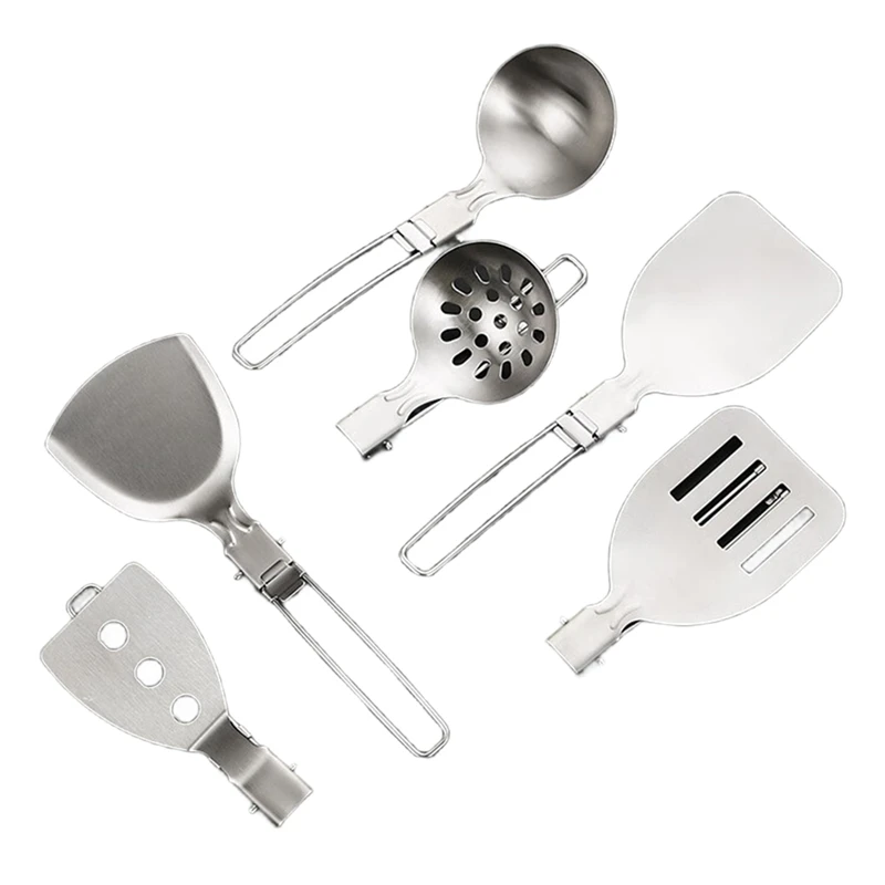 Outdoor Folding Kitchenware Set Camping Travel Portable Stainless Steel Stir Frying Pot Shovel Soup Spoon