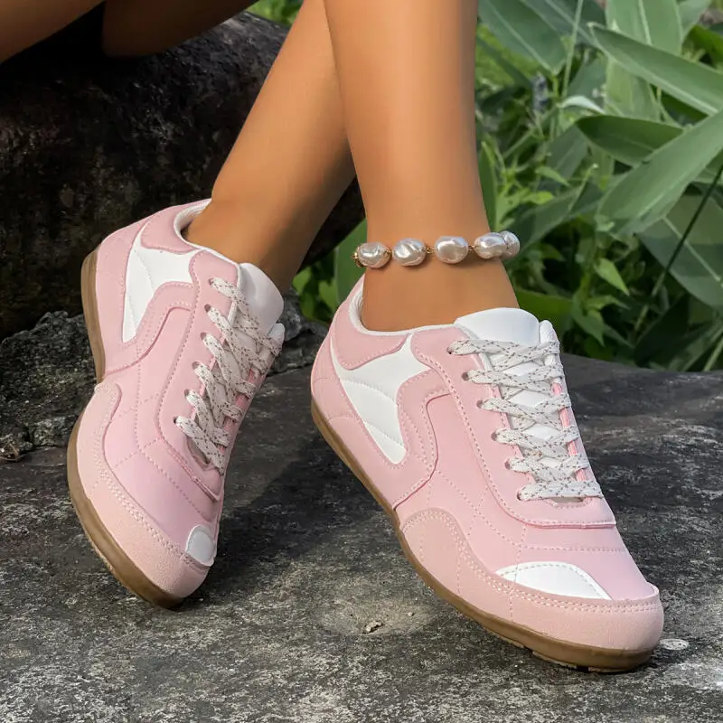 Fashion Patchwork Flat Heel Pink Sports Shoes Women Summer 2026 Breathable Non Slip Vulcanized Shoes Y2K Silver Sneakers Mujer