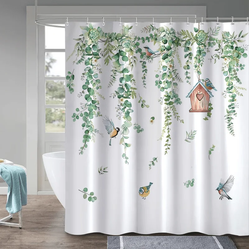 

Beautiful Botanical Green Floral Ivy Woodland Birds Shower Curtain Liner Waterproof Bathroom Decor