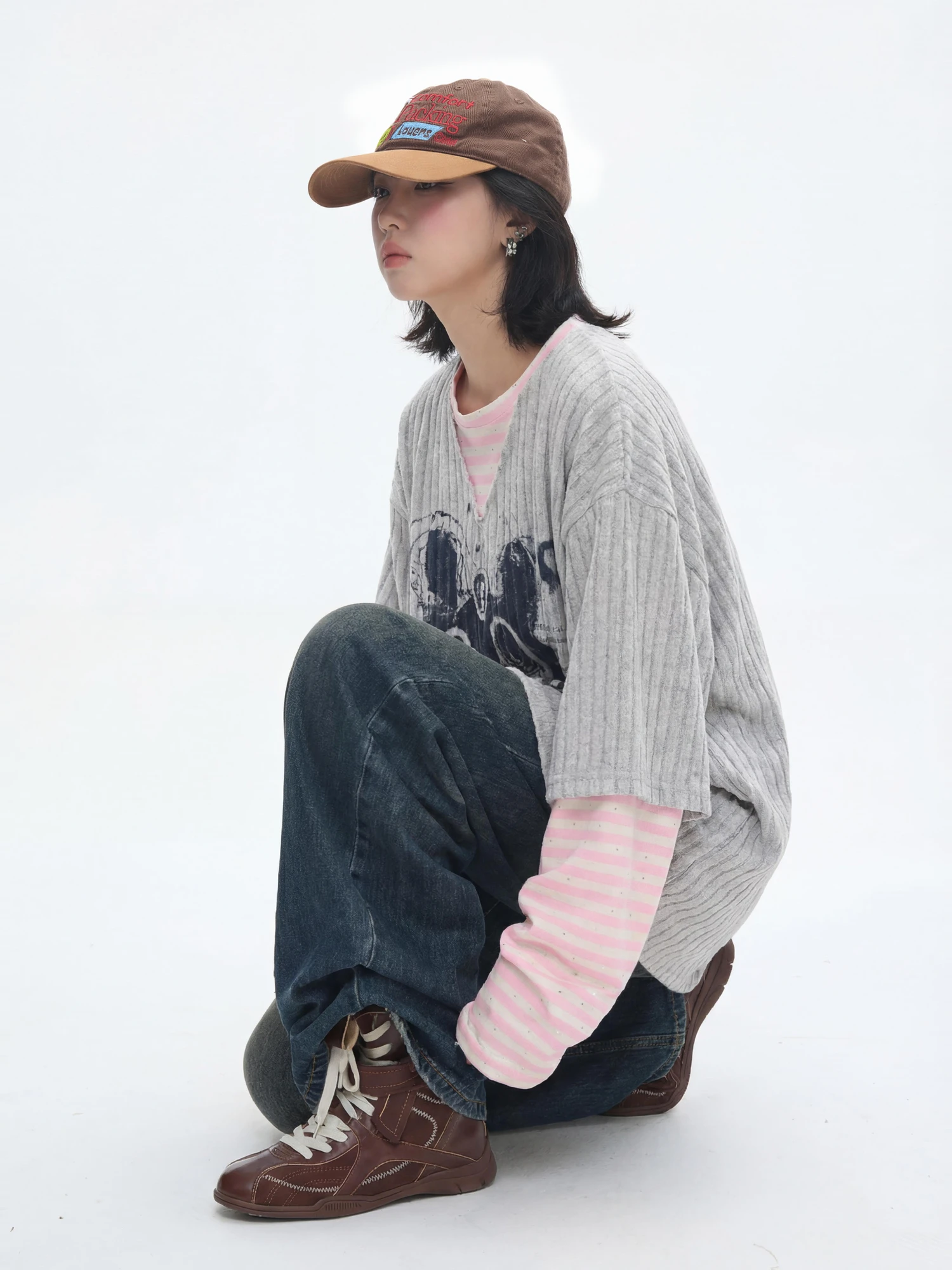 

American Design Printed Stripe Fake Two-Piece Sweatirt Women Spring Lazy Sle Loose Overhead Trendy Cotton Polyester