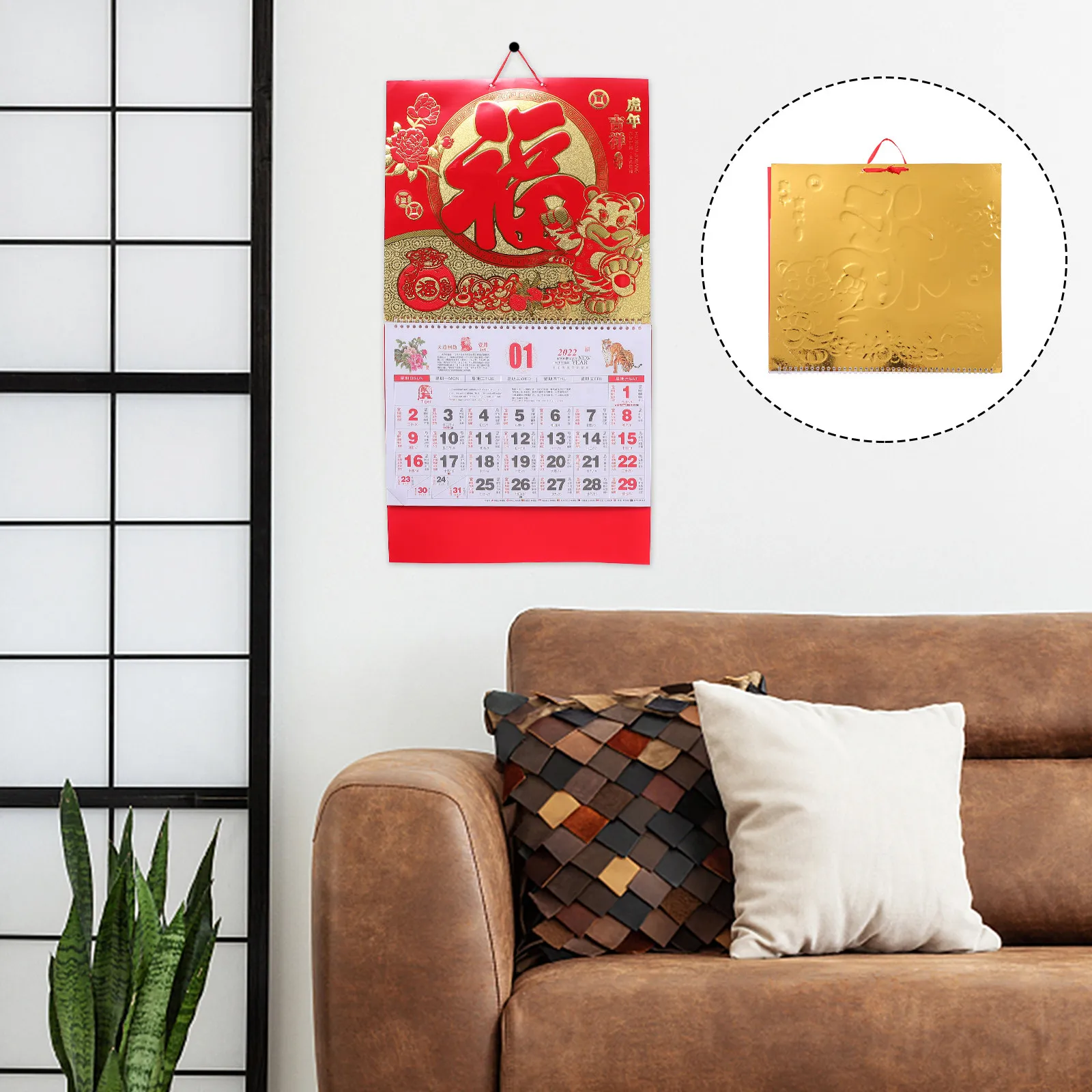 

2Pcs 2022 Tiger Year Wall Hanging Calendar Traditional Chinese Lunar Calendar with Coil Binding Bright Printing Feng Shui