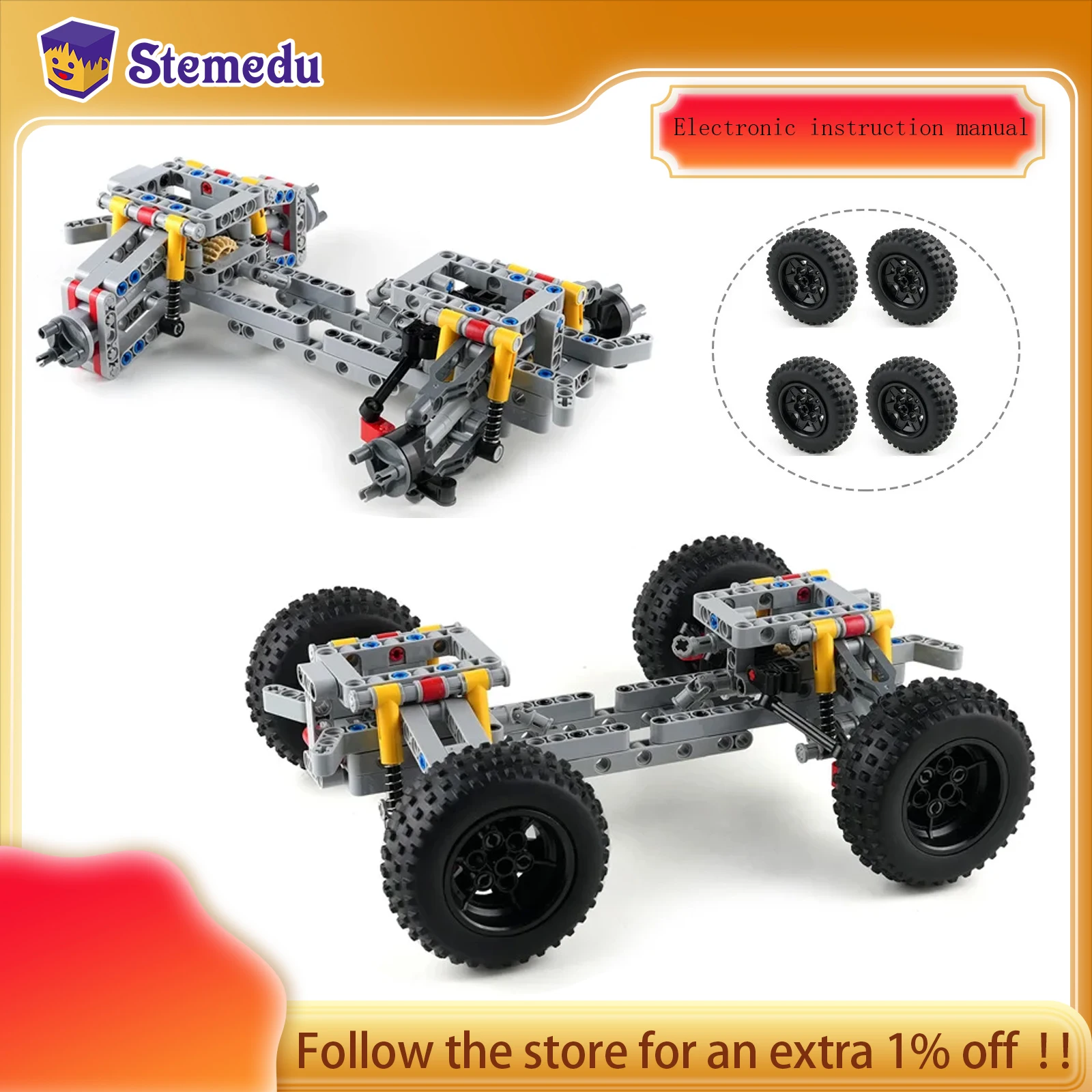 MOC Allradantrieb Auto-Chassis-Technologie-Bausteine mit unabhängiger Federung + Differential + Lenkachse, Ziegelspielzeug