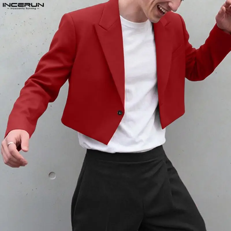 

INCERUN Men Blazer Solid Color Lapel Long Sleeve One Button Male Suit Streetwear 2026 Spring Fashion Casual Crop Coats Men S-3XL