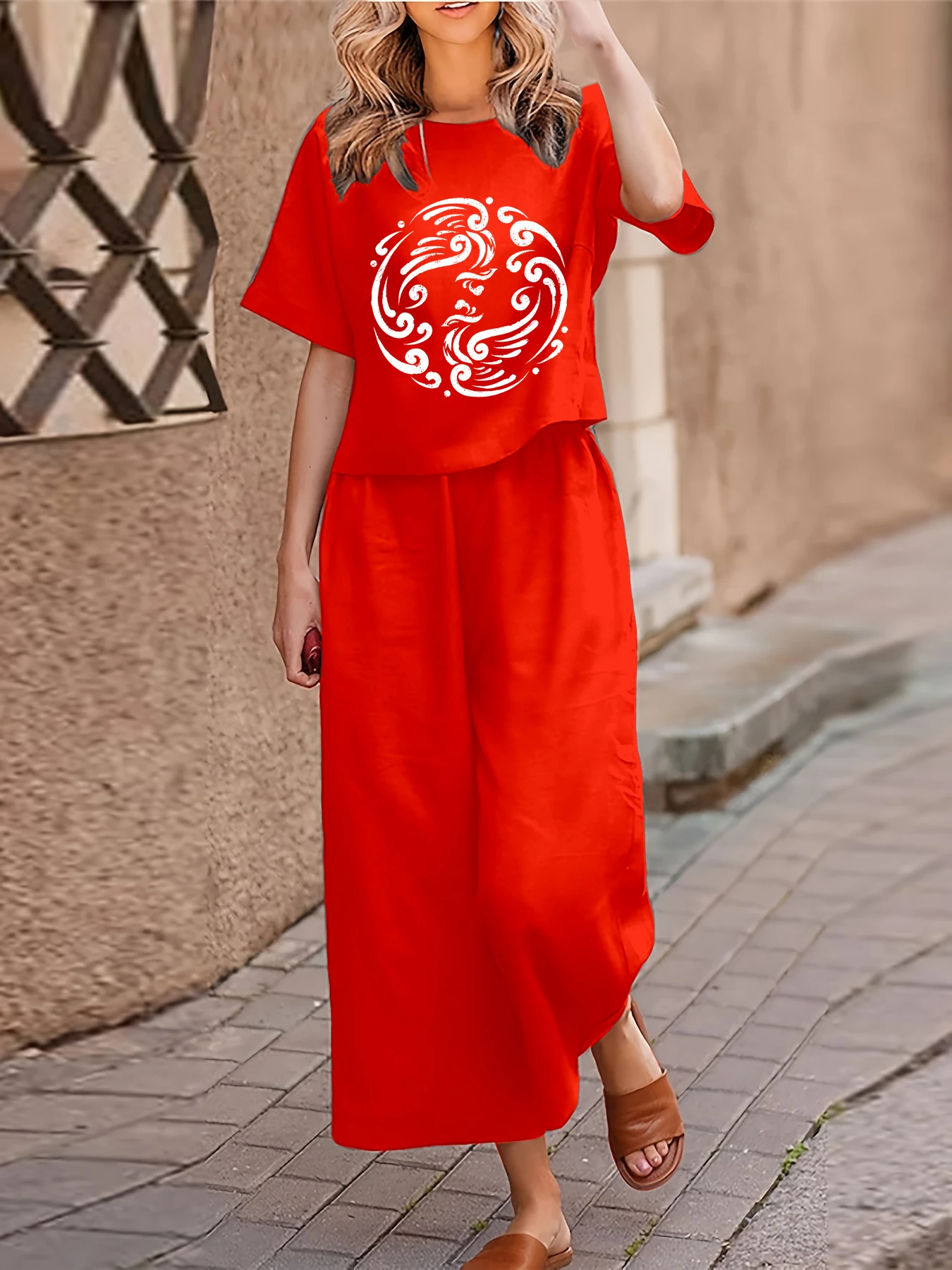 플러스 사이즈 여성 캐주얼 투피스 세트 수트 프린트 반팔 티셔츠 바지 투피스 세트 루즈 크루넥