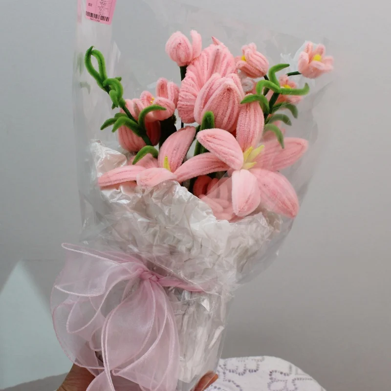 PIPE Pink Tulip flower Bouquets Handmade Artificial Flower Christmas‘ Day Gifts Lily Fake Flowers Home Decor