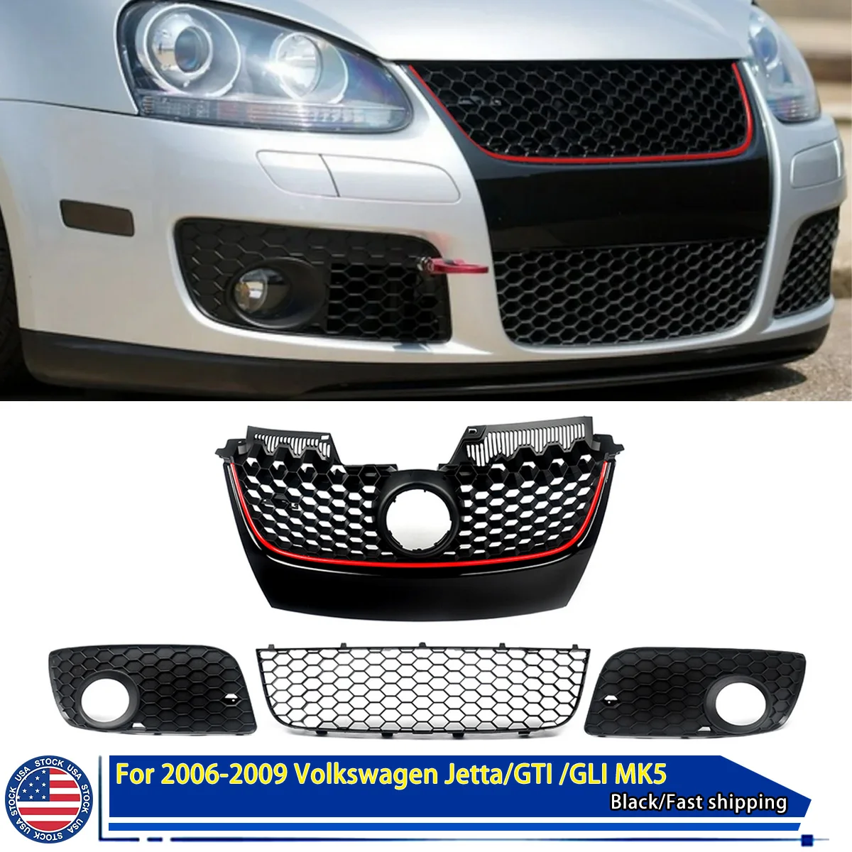 

Front Honeycomb Grille Black with Red Trim for Volkswagen VW Golf MK5 Jetta GLI GTI 2006 2007 2008 2009 Bumper Centre Grill Mesh