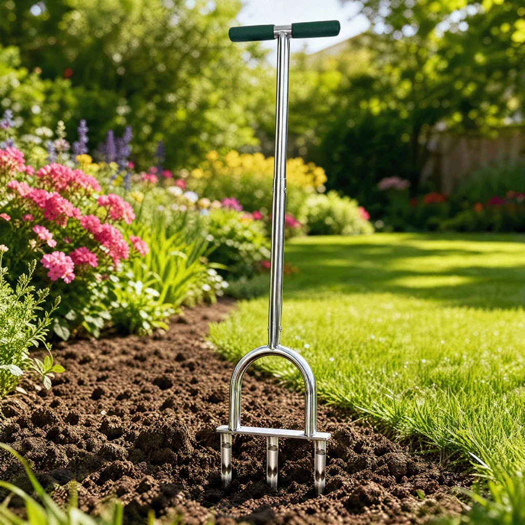 Manual Lawn Plugger with 3 Hollow Tines Stainless Steel Core Plugger Replaceable Tines Wide Foot Plate Tool for Compacted Soil