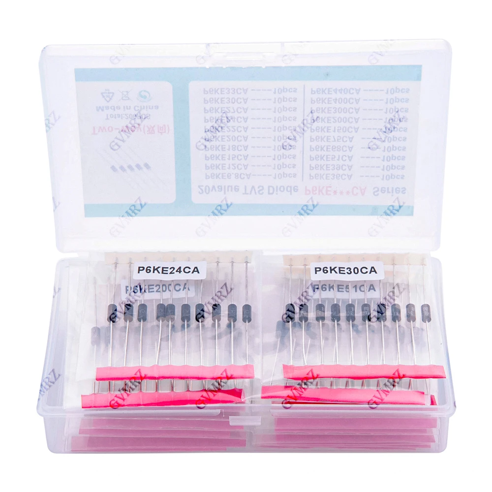 200pcs 20values*10pcs TVS transistor Kit P6KE6.8CA/CA 24/27/30/33/36/39/51/68/75/CA TVS Diode 12/15/18/20/22CA
