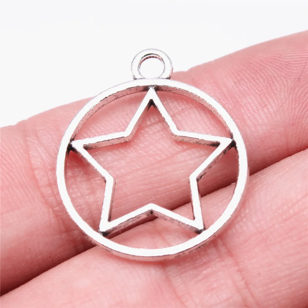 WYSIWYG 10pcs 28x24mm Antique Silver Color Round Hollow Star Charms Pendant For DIY Jewelry Making Jewelry Craft Findings