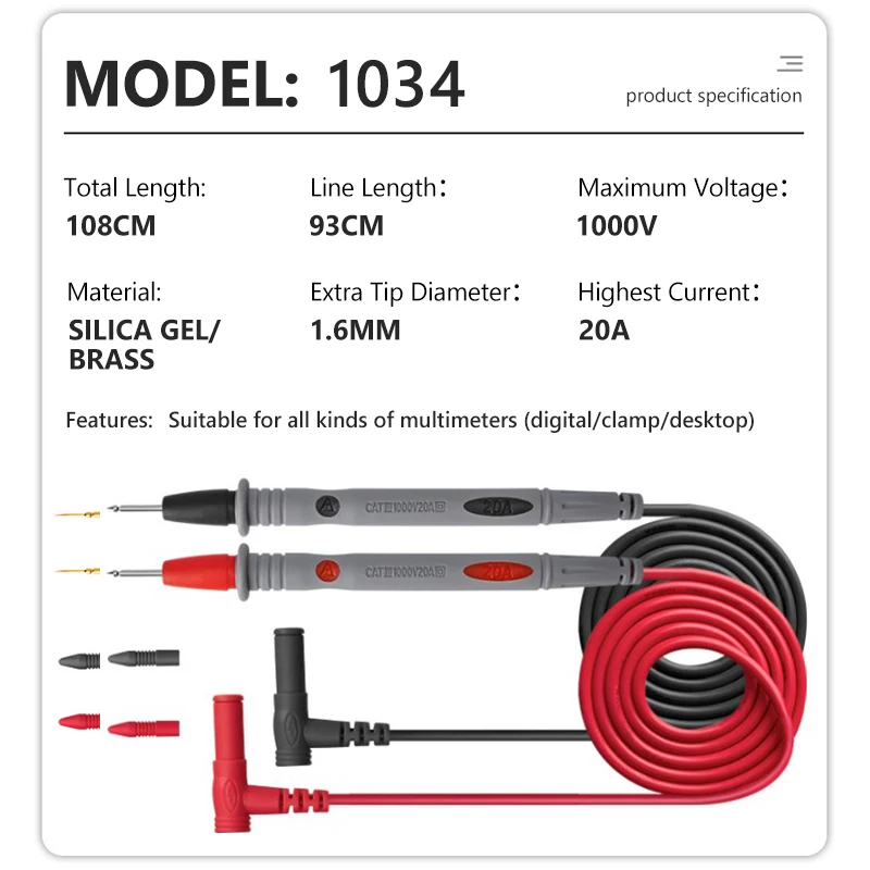 1 Pair Universal Probe Test Lead for Digital Multimeter Needle Tip Meter MultiMeter Test Probe Wire Pen Cable Alligator Clip