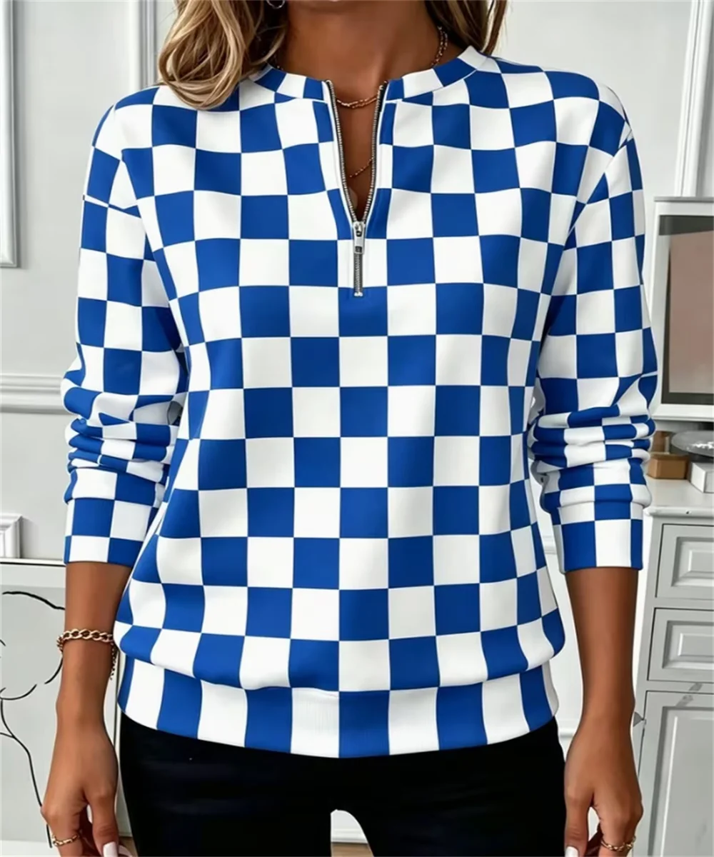 2026 Spring and Autumn Women's New Color Checkered Square Printed Casual Long Sleeve Hoodie