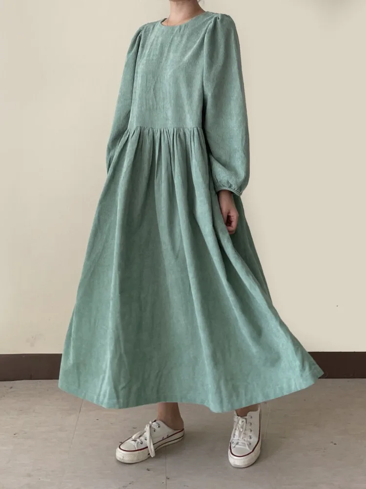 Vestido Retro Coreano de Estilo Hoado con Cuello Redondo de Terciopelo y Mangas Abullonadas, Ropa de Calle de Manga Larga p...