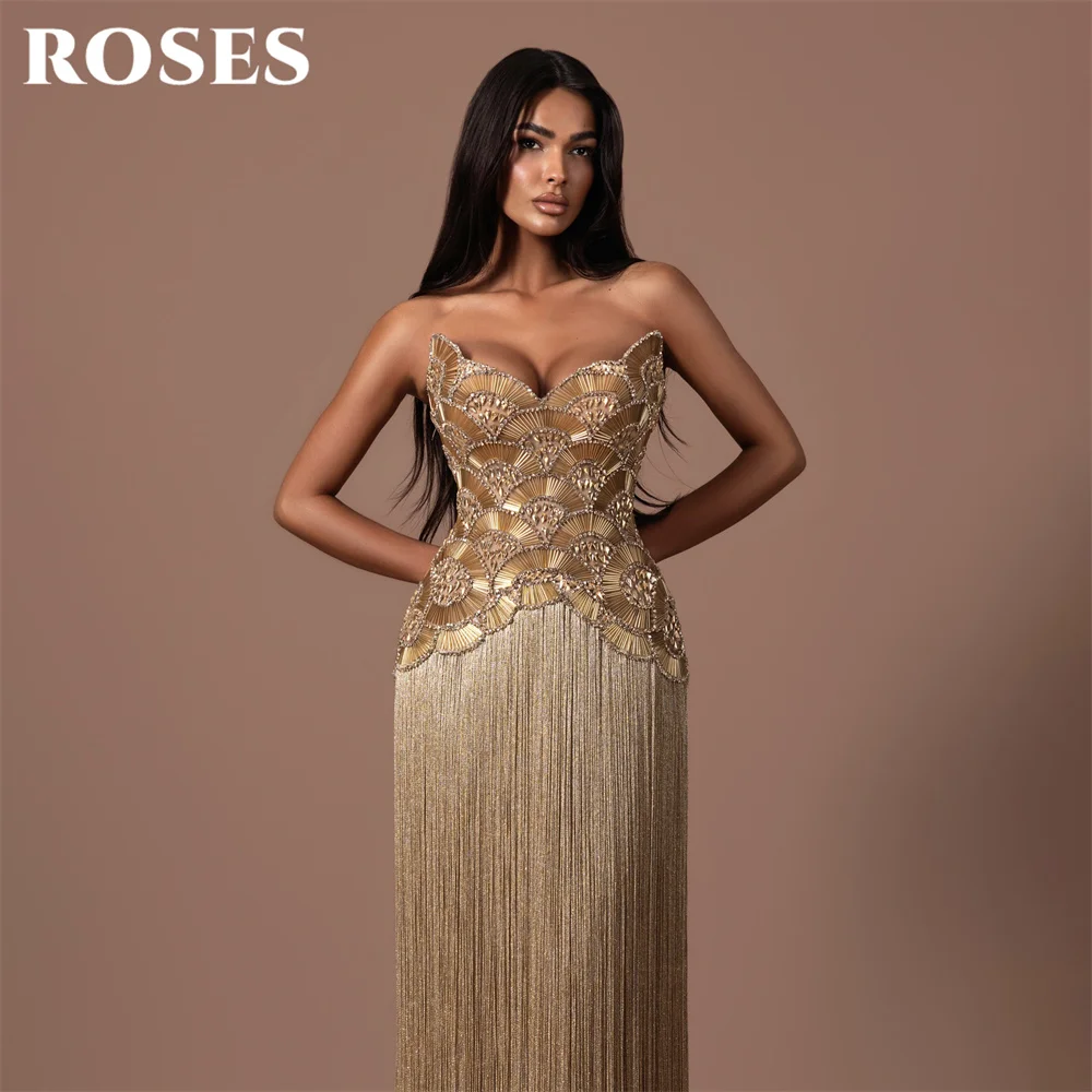 ROSES Golden Party Dresses Strapless Sleeveless Evening Dresses Glitter Sequin Straight فساتين السهرة Tassel Customized view 6