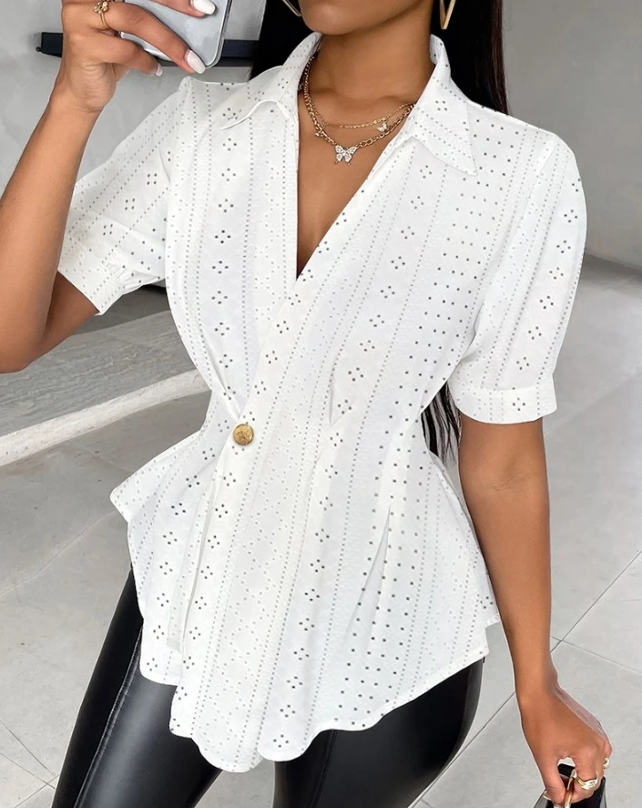 

Spring Women's New Button Eyelet Embroidery Casual Short Sleeve Top Temperament Commuting Ladies Turn-Down Collar Fashion Shirt