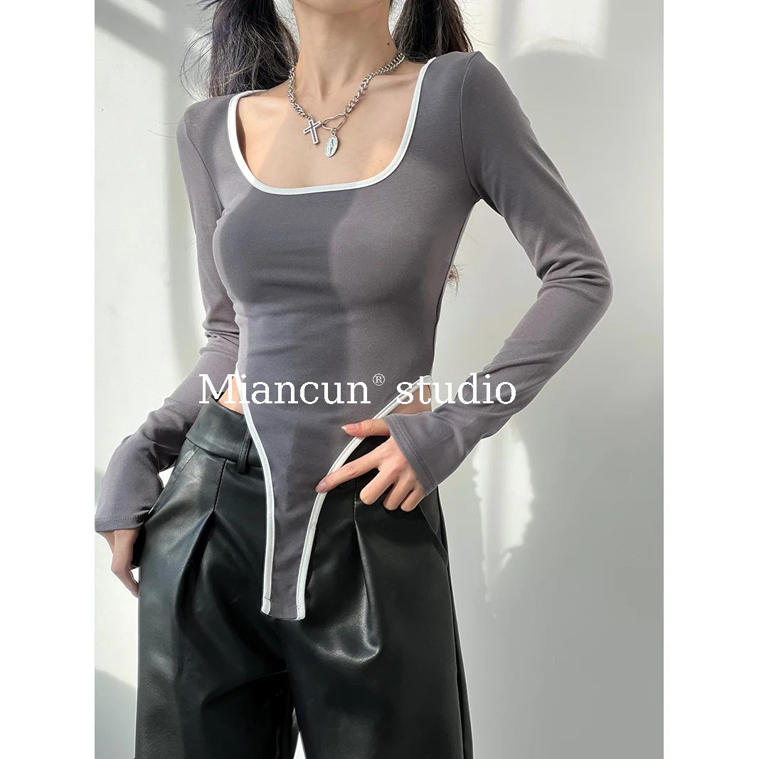 American Street Long Sleeved T-shirt Jumpsuit 2024 Women's Autumn New Style Sexy Exposed Waist Top Trend Female Clothing