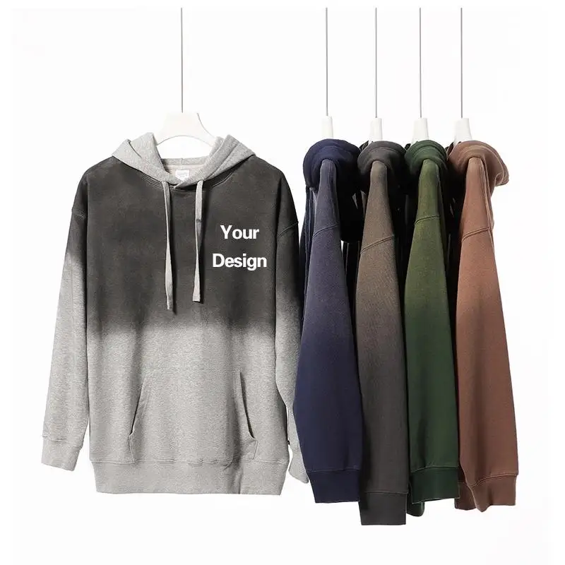 370g Vintage Washed Gradient Hooded Sweatshirt With Personalized Logo For Men Featuring A Large Looped Hood And Jacket