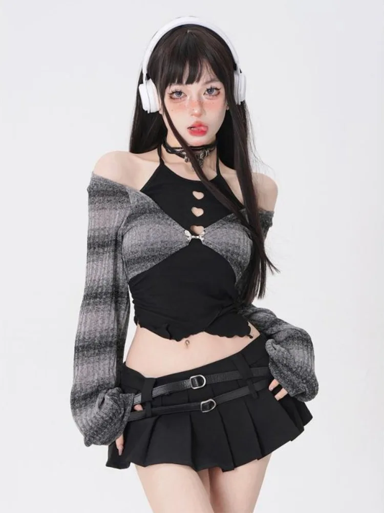 QWEEK Y2k Knitted Crop T Shirts for Women Off Shoulder Kpop Sweet Girl Tops Aesthetic Fake Two Pieces Korean Fashion Tees Spring