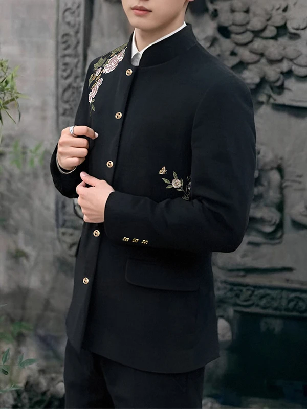 

New Chinese Sle Men's Wedding Suit Jaet with Embroidery Stand Collar Tang Suit And Peony Pattern Casual Wear