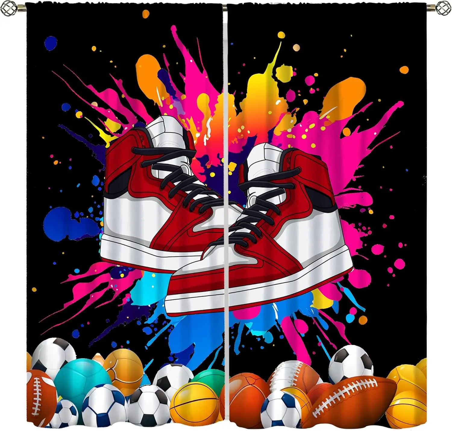 Sports Shoes Curtains, Cartoon Watercolour Red Sneakers Football Basketball Window Drapes for Kids Nursery and Bedroom Decor