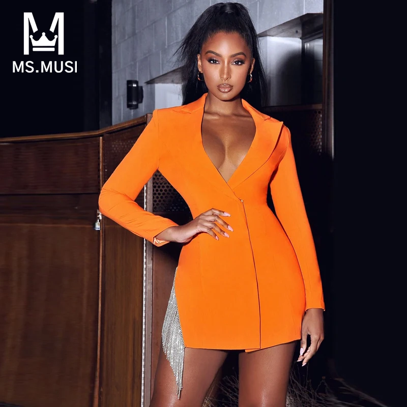 

MSMUSI 2022 New Fashion Women Sexy Turn Down Collar Crystal Tassels Long Sleeve Bodycon Party Club Blazer Mini Dress Jacket